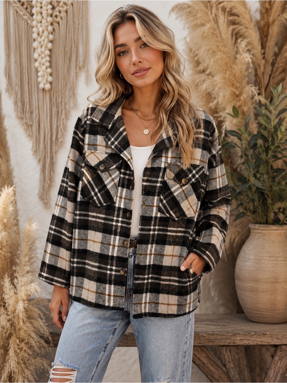 Boho Neutral Plaid Oversized Shacket Jacket Button Front Cozy Layering Piece - Picture 4 of 7